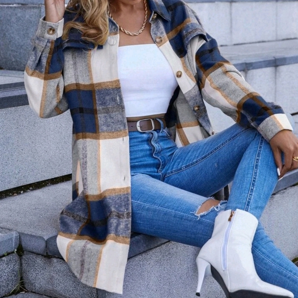 Blue Plaid Multi Colored Overcoat - Picture 5 of 7